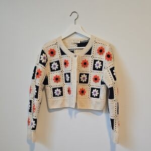 Boho Floral Crochet Cardigan - Cream, Orange, Dark Blue